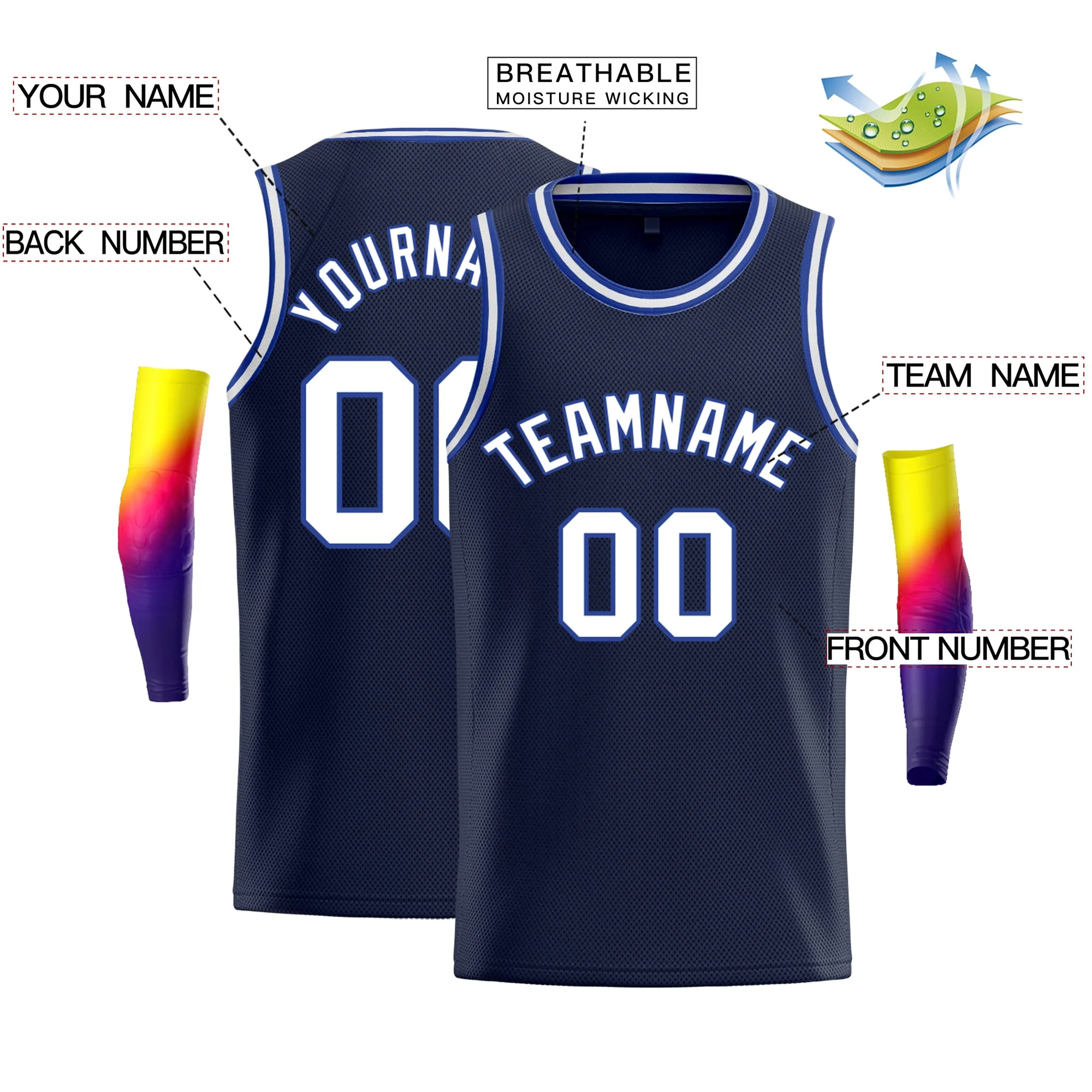 Custom Navy White-Royal Classic Tops Breathable Basketball Jersey - Image 2