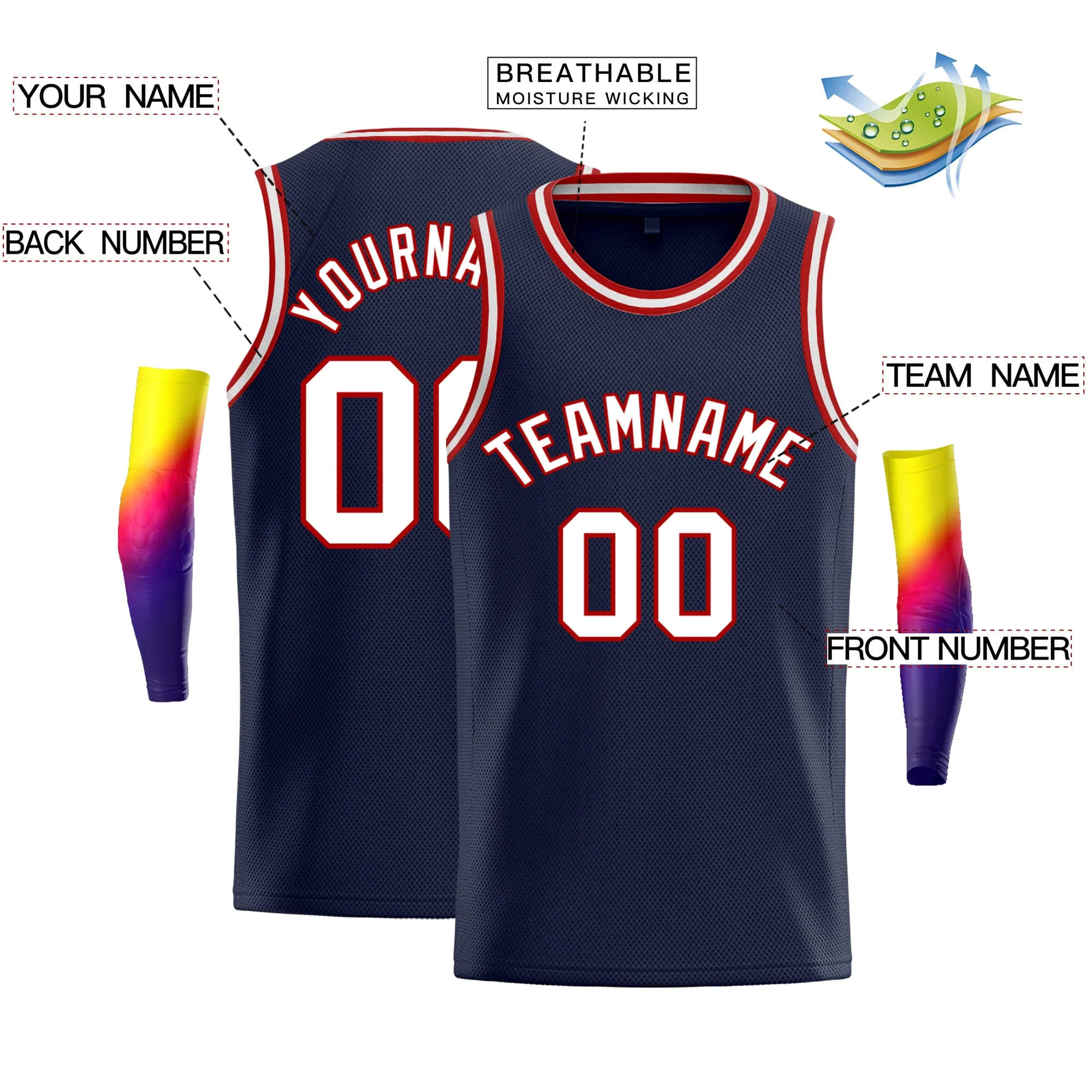 Custom Navy Red-White Classic Tops Athletic Vest Basketball Jersey - Image 2