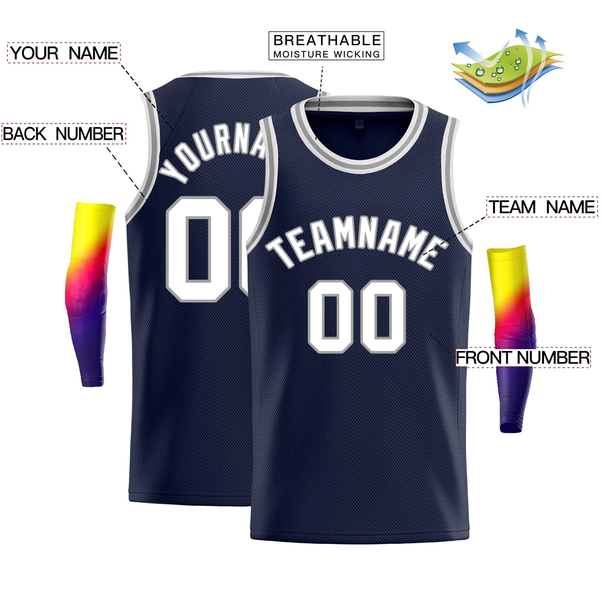 Custom Navy White-Grey Classic Tops Vest Basketball Jersey - Image 2