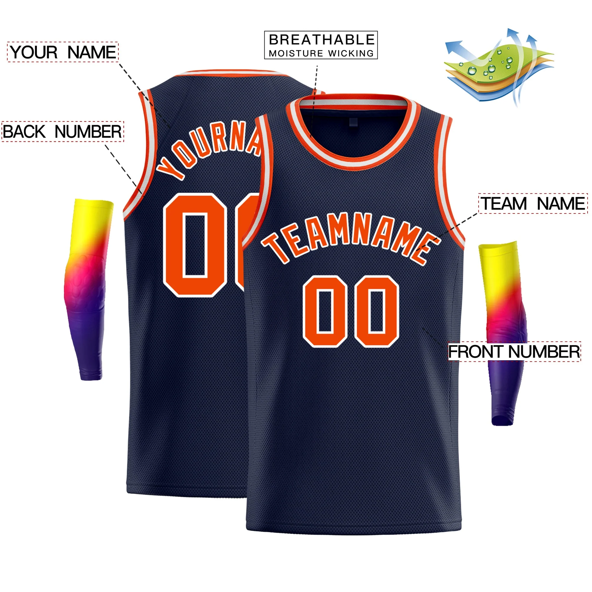Custom Navy Orange-White Classic Tops Breathable Basketball Jersey - Image 2