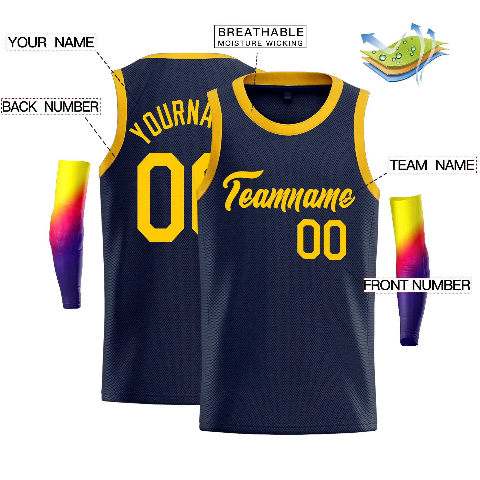 Custom Navy Yellow Classic Tops Sport Basketball Jersey - Image 2