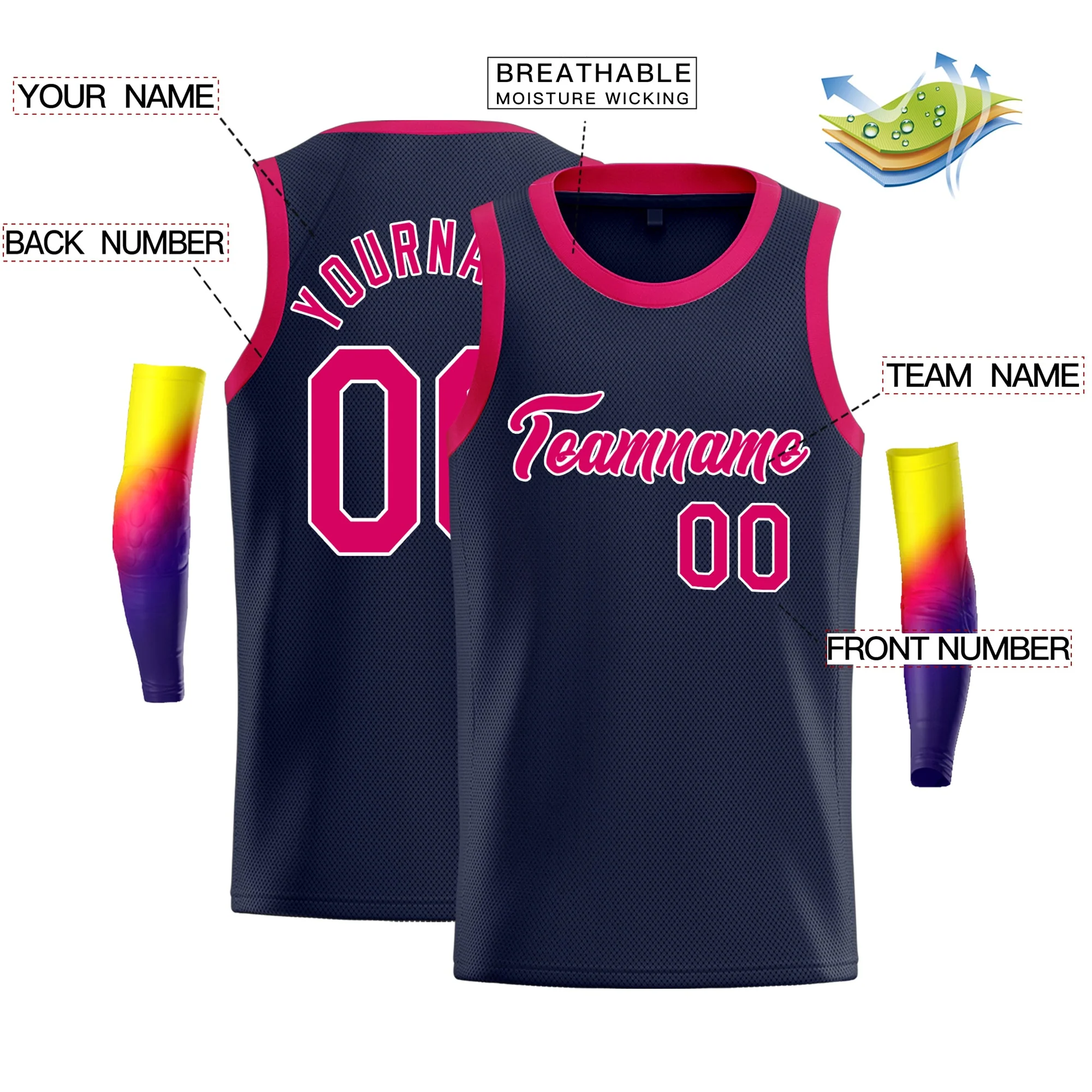 Custom Navy Pink-White Classic Tops Basketball Jersey - Image 2