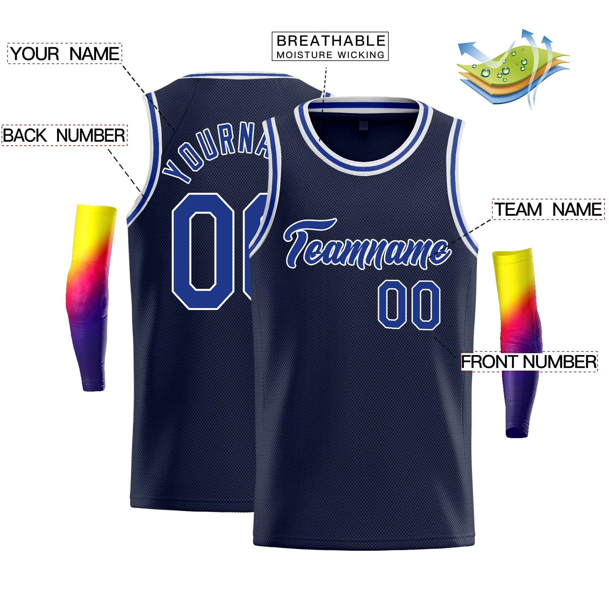 Custom Navy White-Royal Classic Tops Sport Basketball Jersey - Image 2