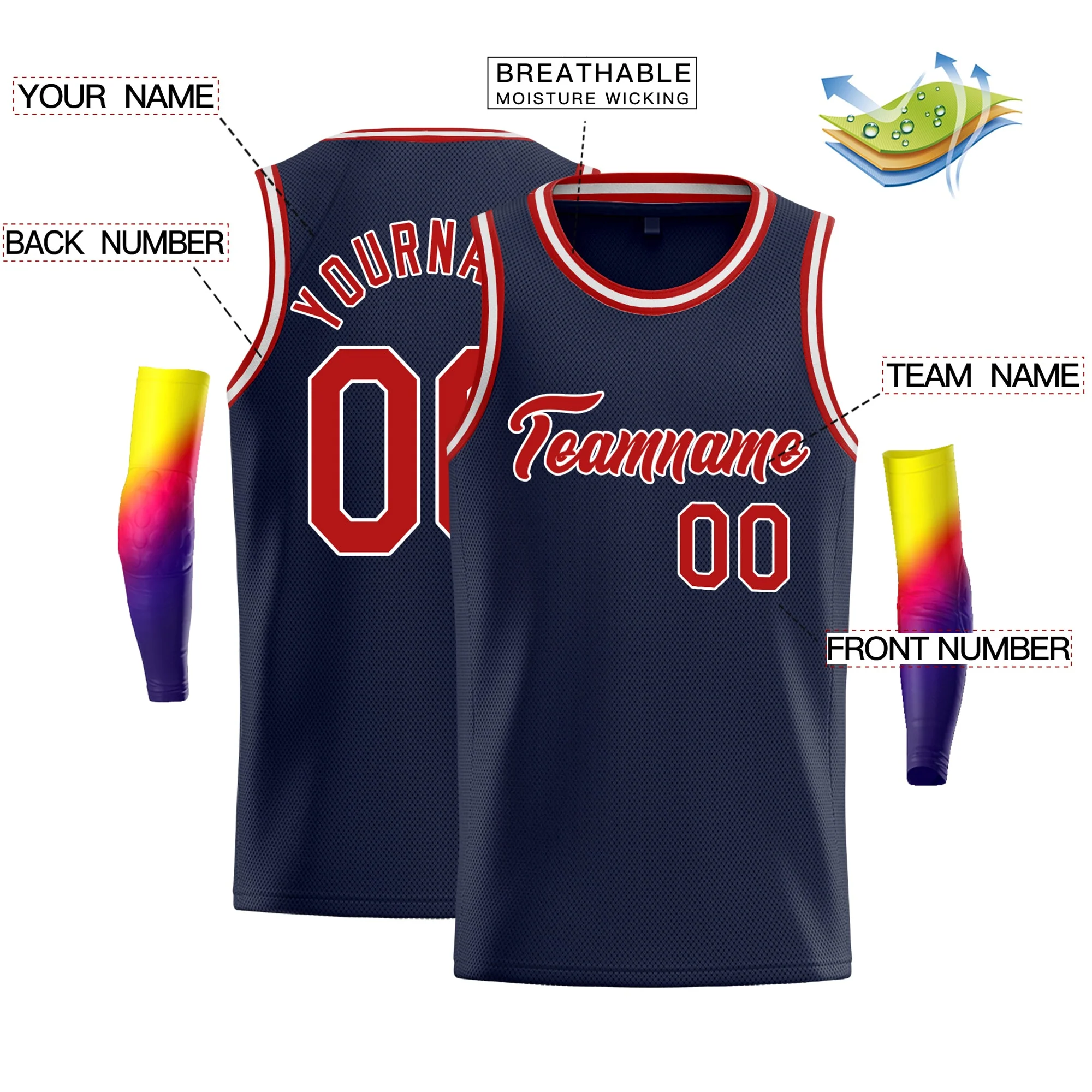Custom Navy Red-White Classic Tops Athletic Basketball Jersey - Image 2