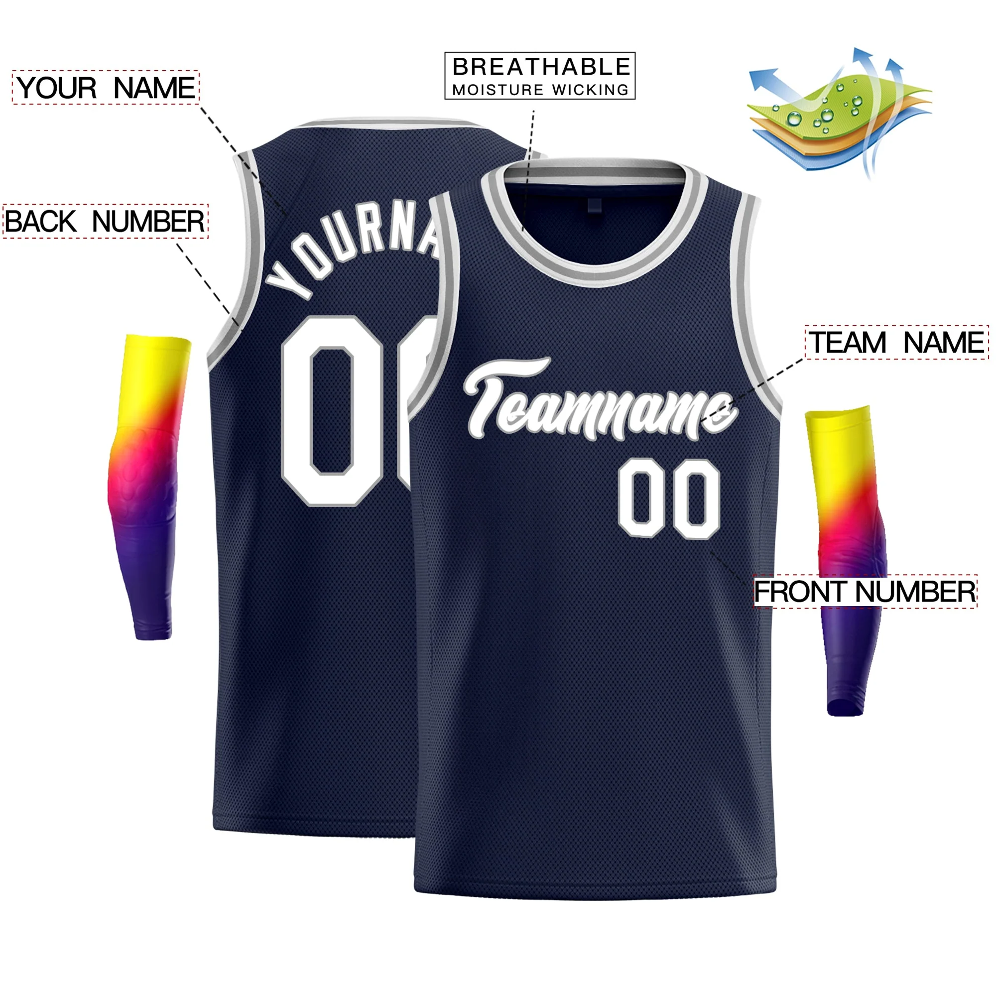 Custom Navy White-Grey Classic Tops Fashion Basketball Jersey - Image 2