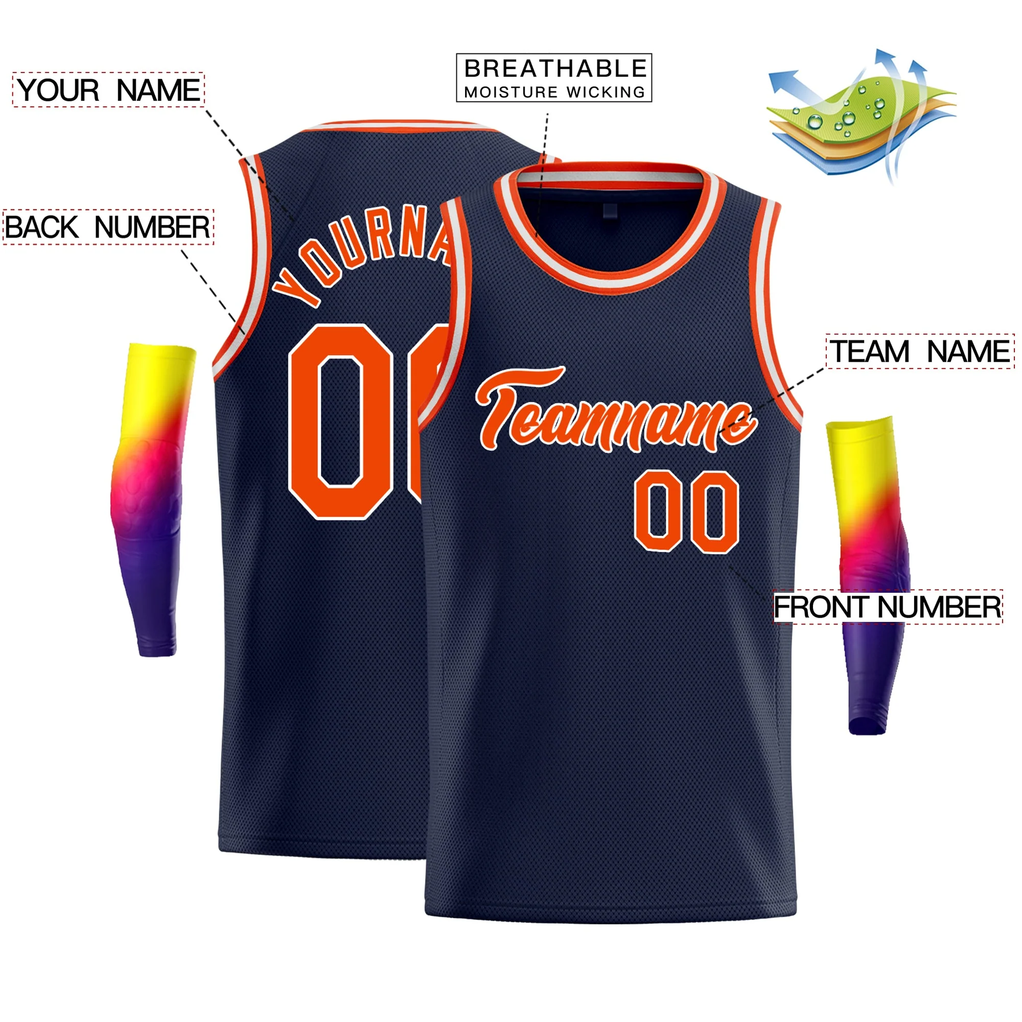 Custom Navy Orange-White Classic Tops Basketball Jersey - Image 2