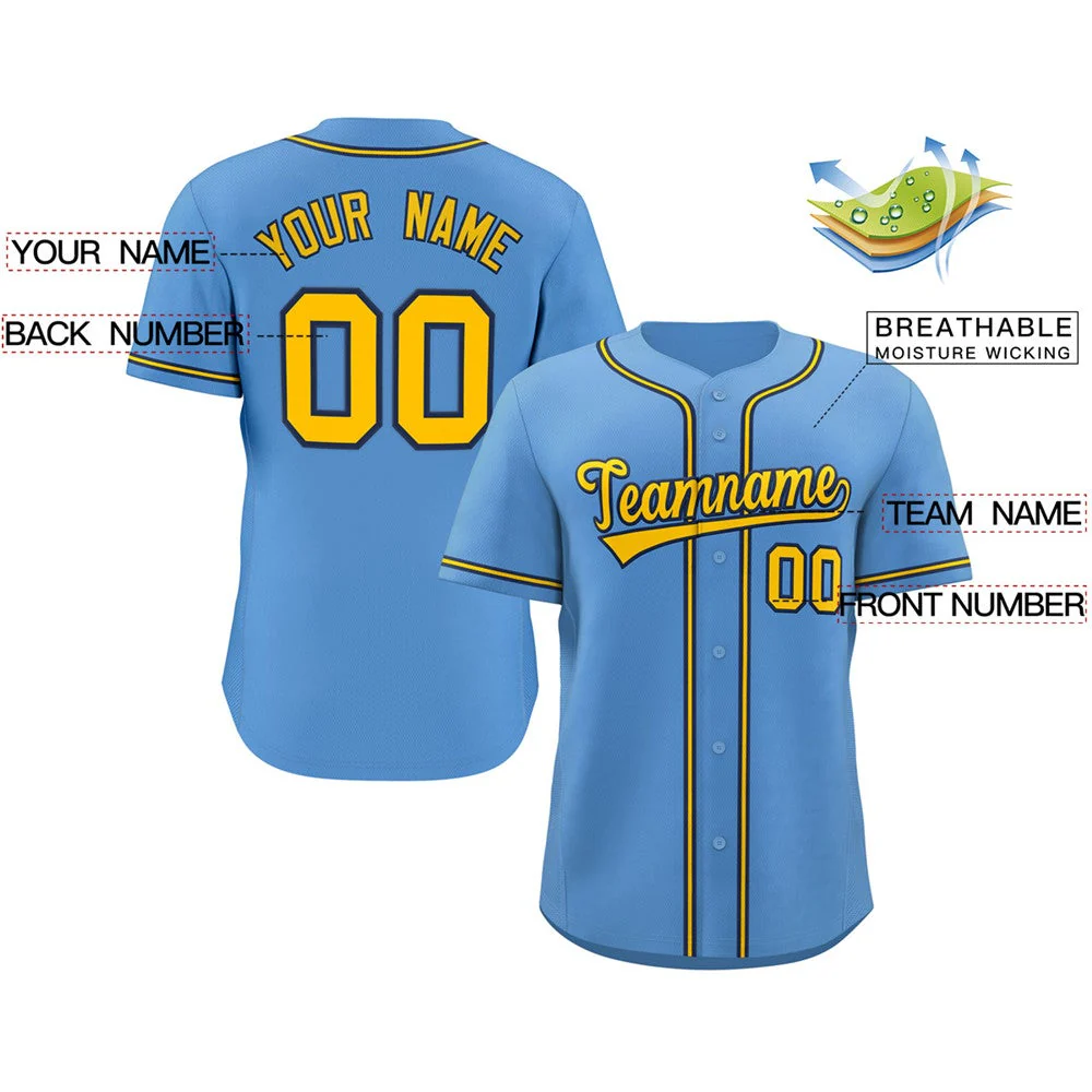 Custom Light Blue Gold-Navy Classic Style Authentic Baseball Jersey - Image 2