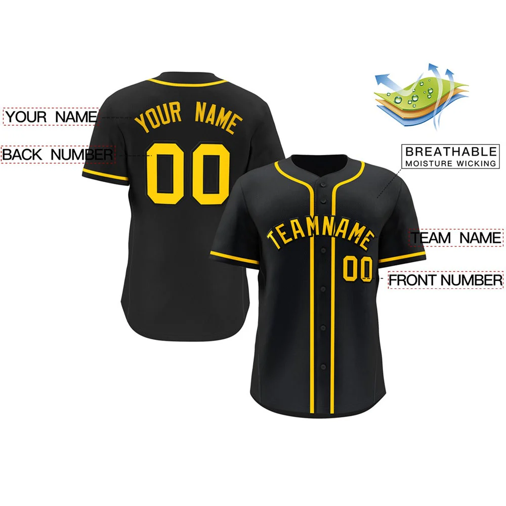 Custom Black Yellow Classic Style Button Down Authentic Baseball Jersey - Image 2