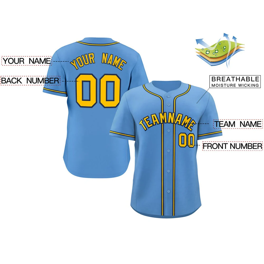 Custom Light Blue Yellow-Navy Classic Style Fashion Authentic Baseball Jersey - Image 2