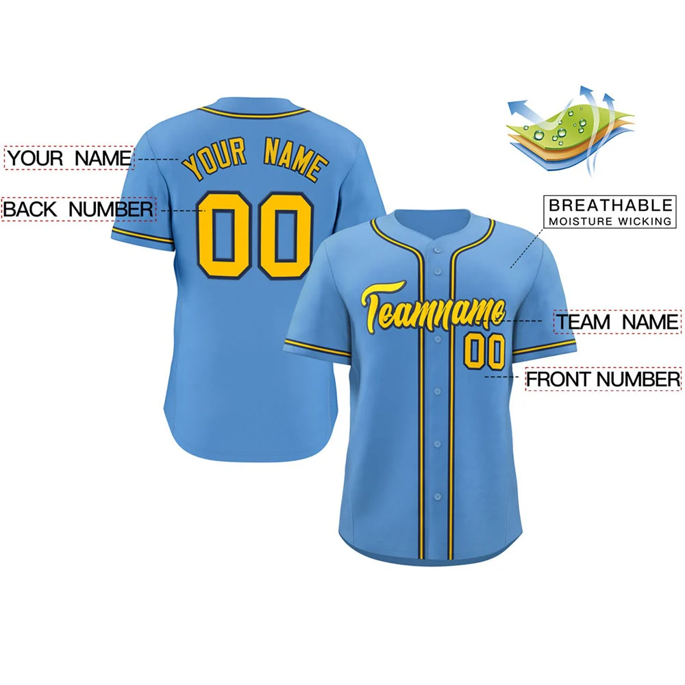 Custom Light Blue Yellow-Navy Classic Style Personalized Authentic Baseball Jersey - Image 2