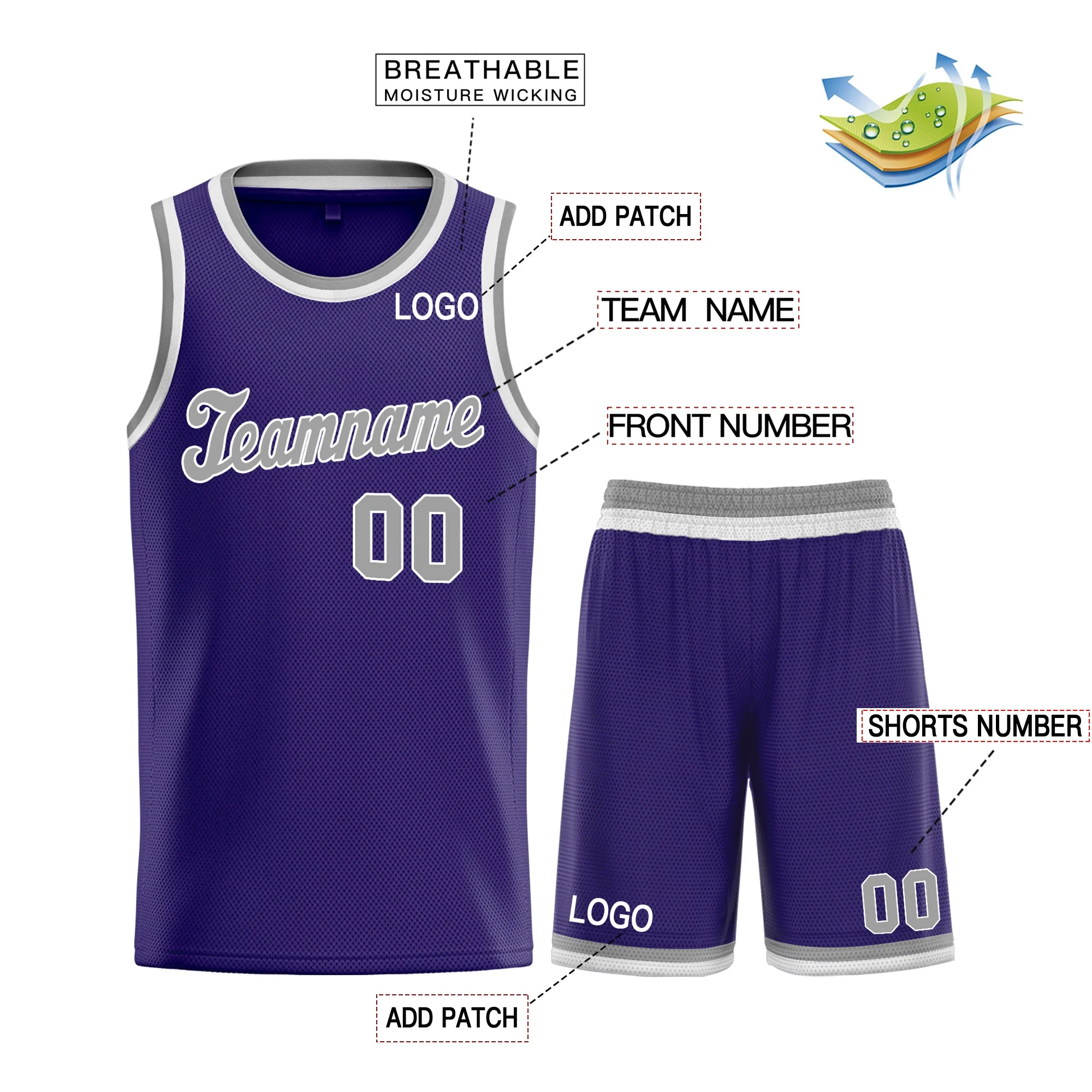 Custom Purple Gray-White Classic Tops Men Athletic Basketball Jersey - Image 3