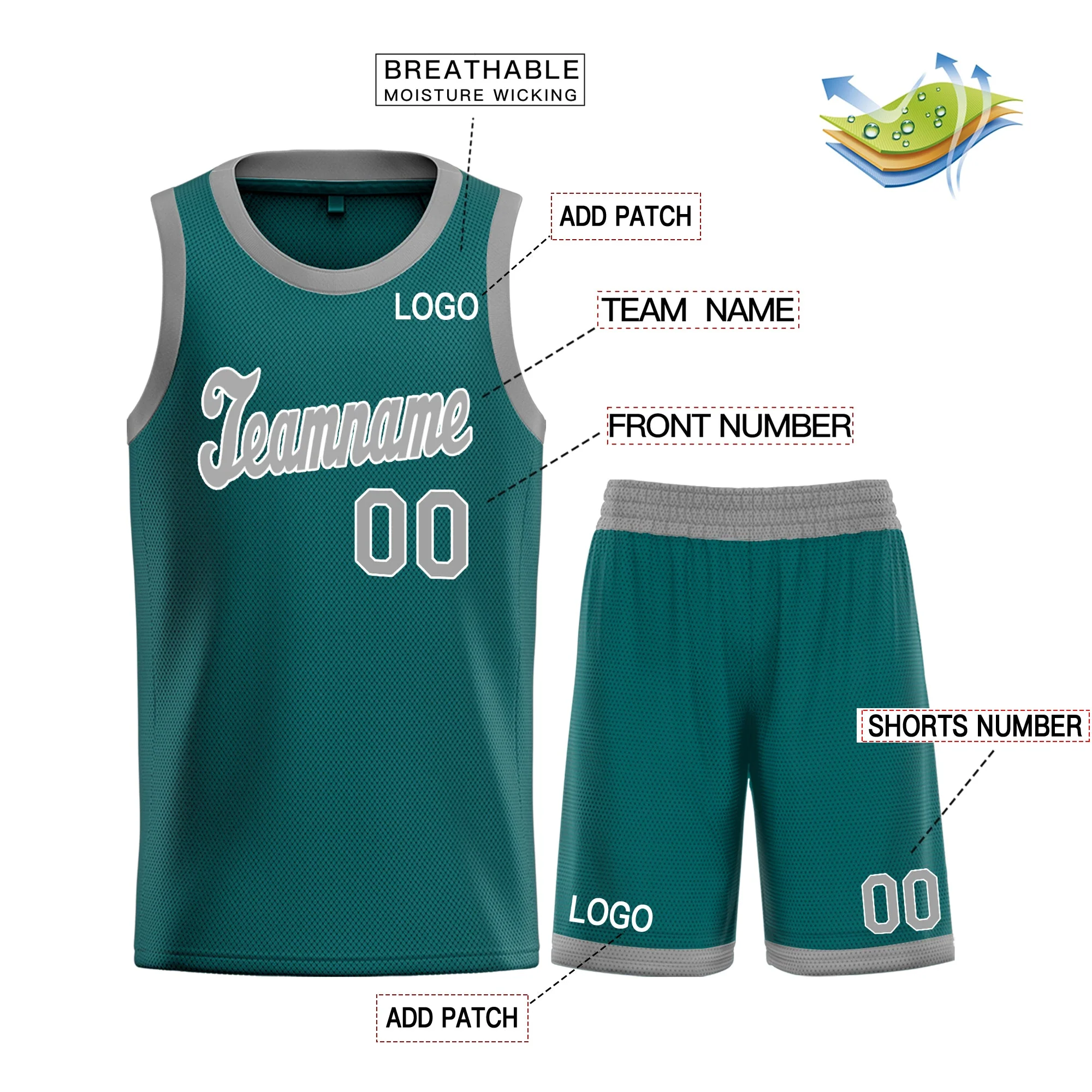 Custom Teal Gray-White Classic Tops Breathable Basketball Jersey - Image 3