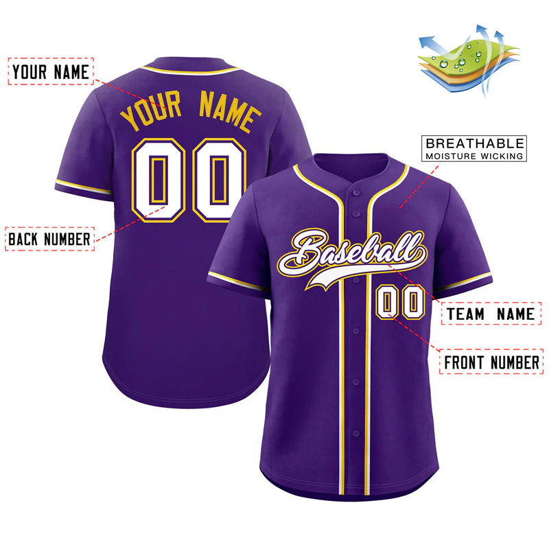 Custom Purple White-Gold Classic Style Authentic Baseball Jersey - Image 2