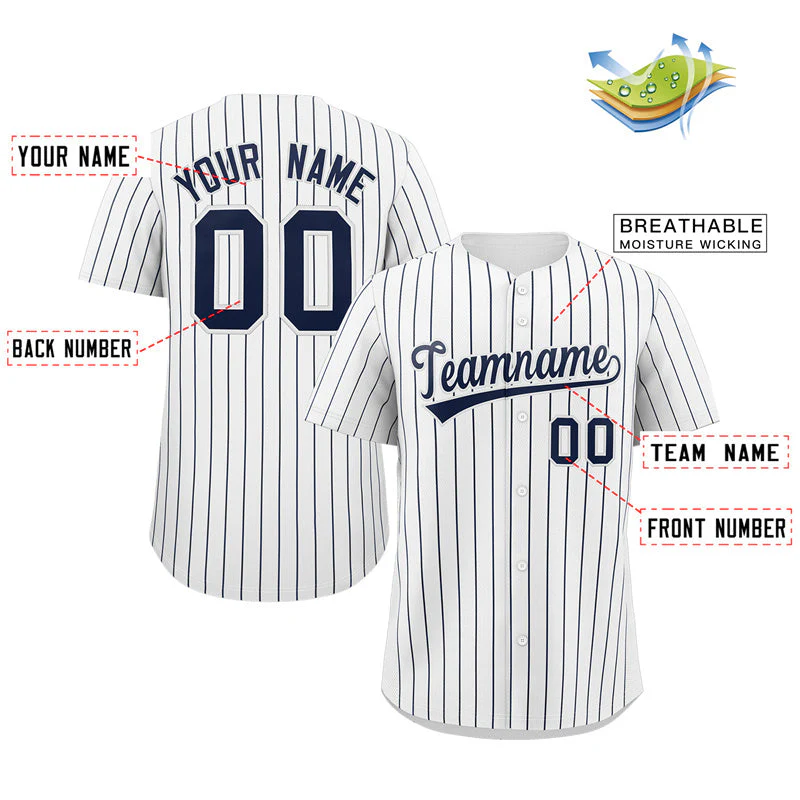 Custom White Navy Stripe Fashion Authentic Baseball Jersey - Image 2