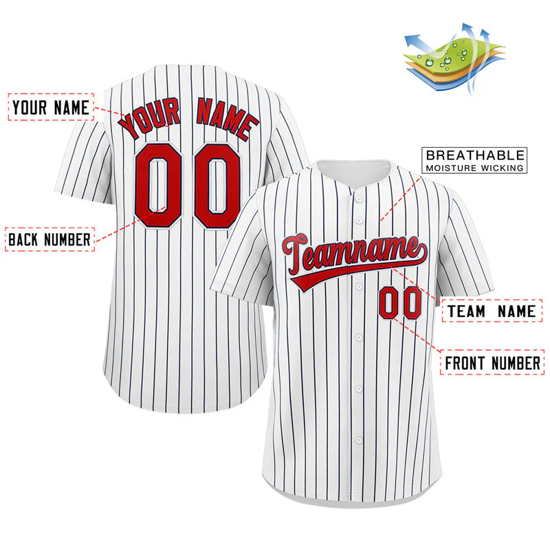 Custom White Red-Navy Stripe Fashion Authentic Baseball Jersey - Image 2