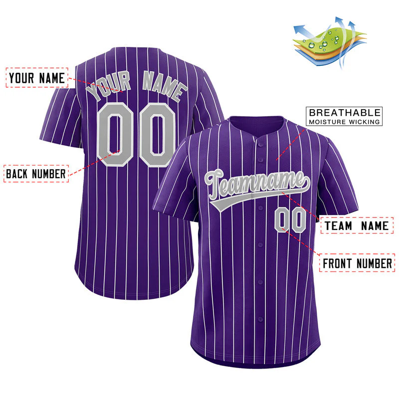 Custom Purple Gray-White Stripe Fashion Authentic Baseball Jersey - Image 2