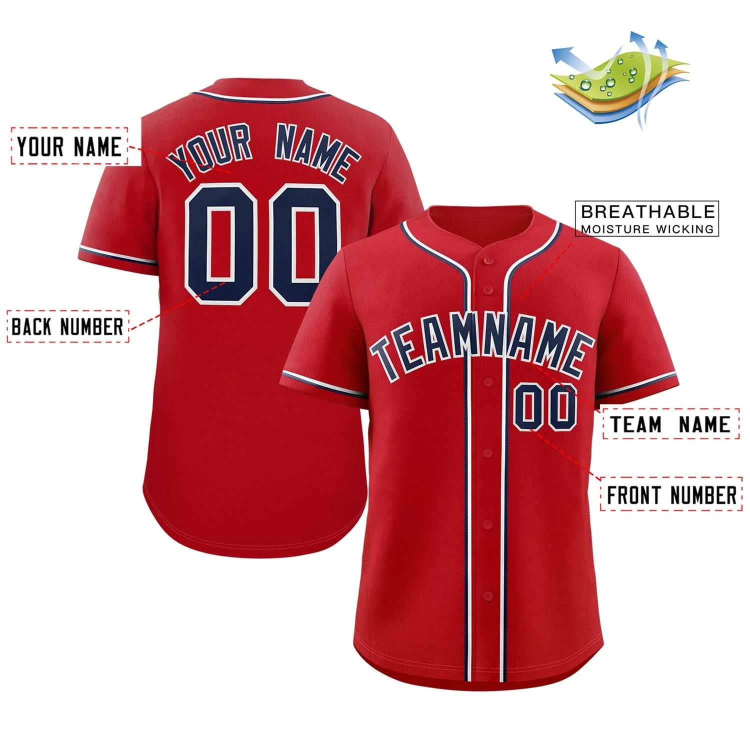 Custom Red Navy-White Classic Style Authentic Baseball Jersey - Image 2