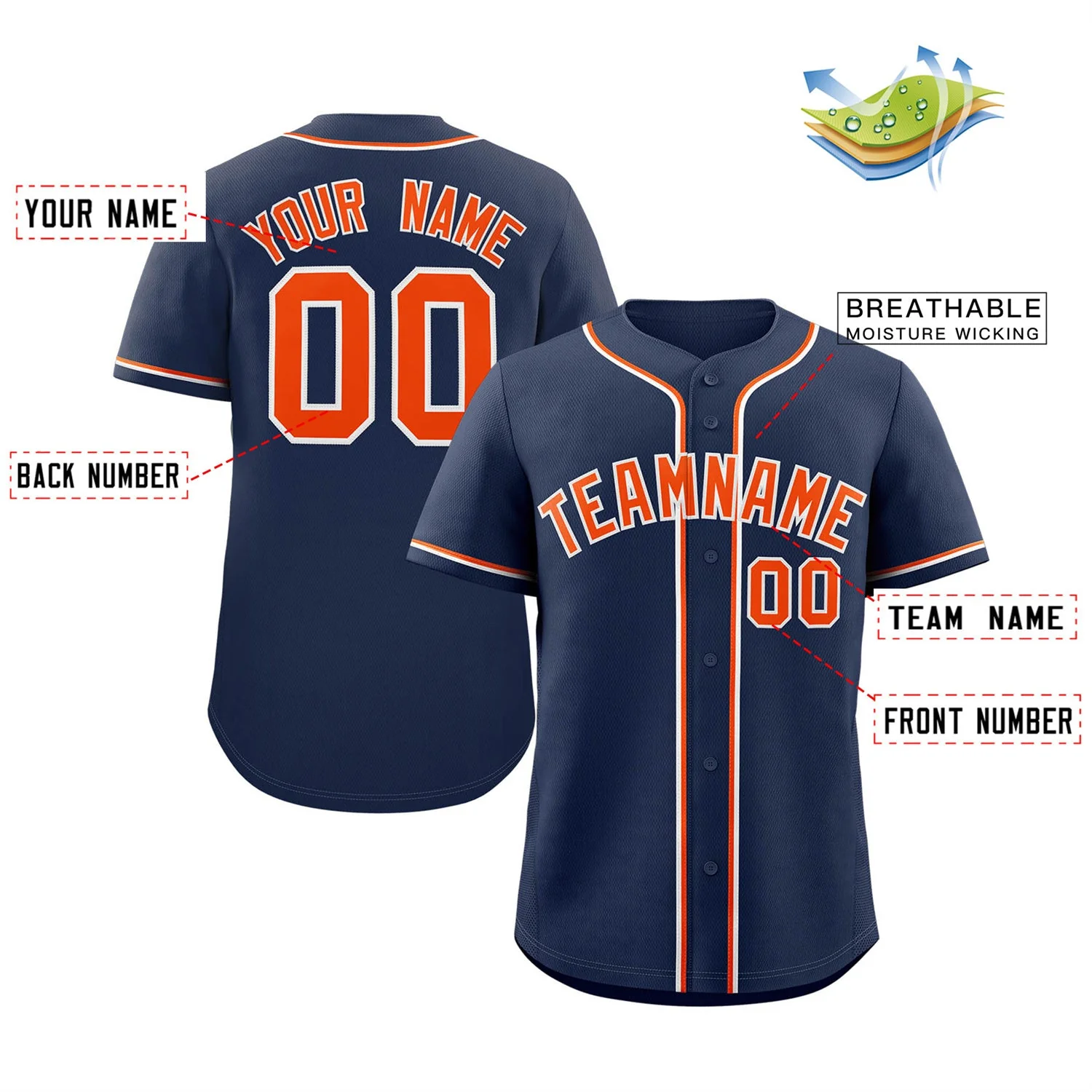 Custom Navy Orange-White Classic Style Authentic Baseball Jersey - Image 2