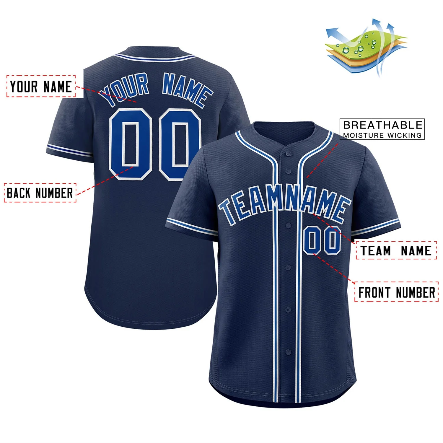 Custom Navy Royal-White Classic Style Authentic Baseball Jersey - Image 2