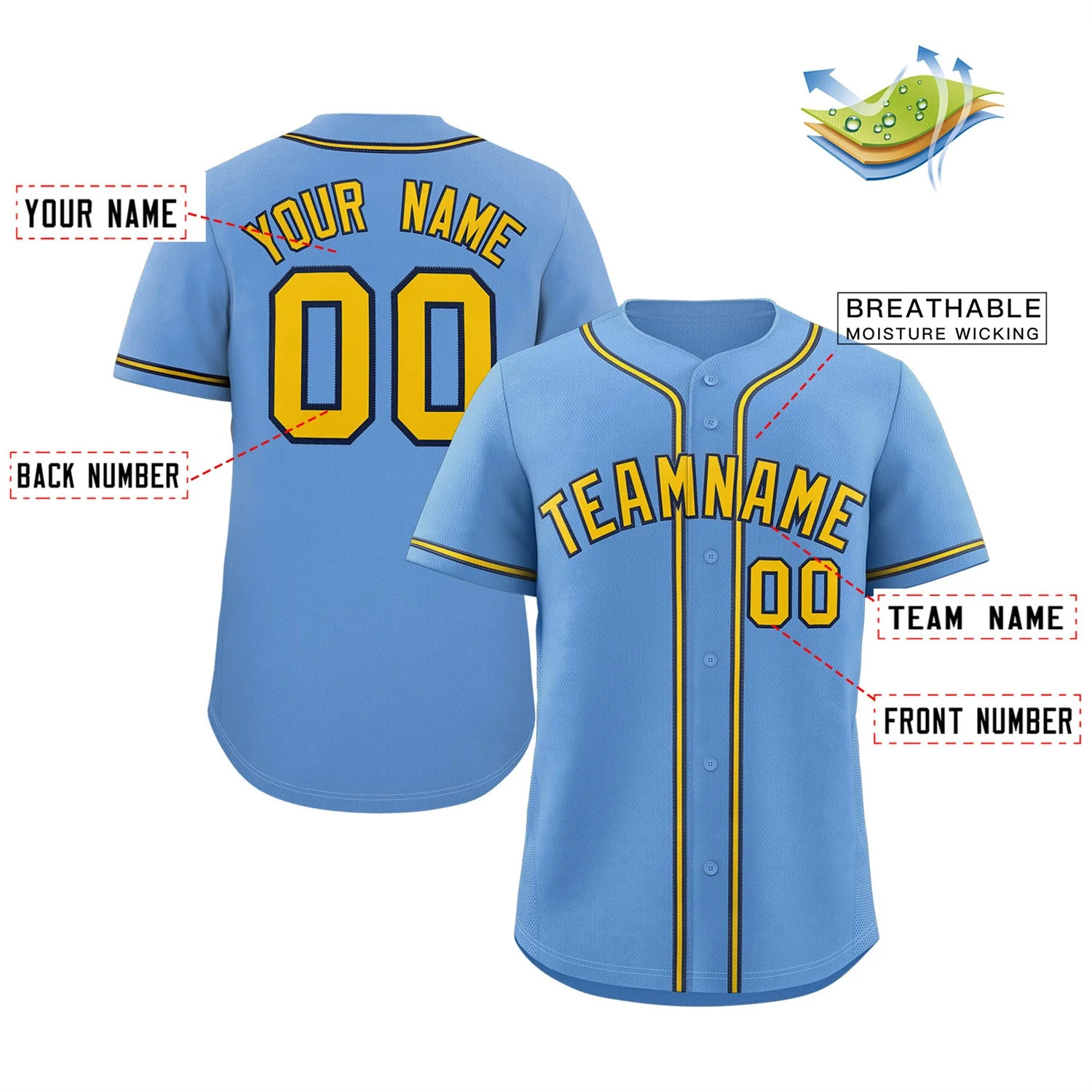 Custom Light Blue Yellow-Navy Classic Style Authentic Baseball Jersey - Image 2