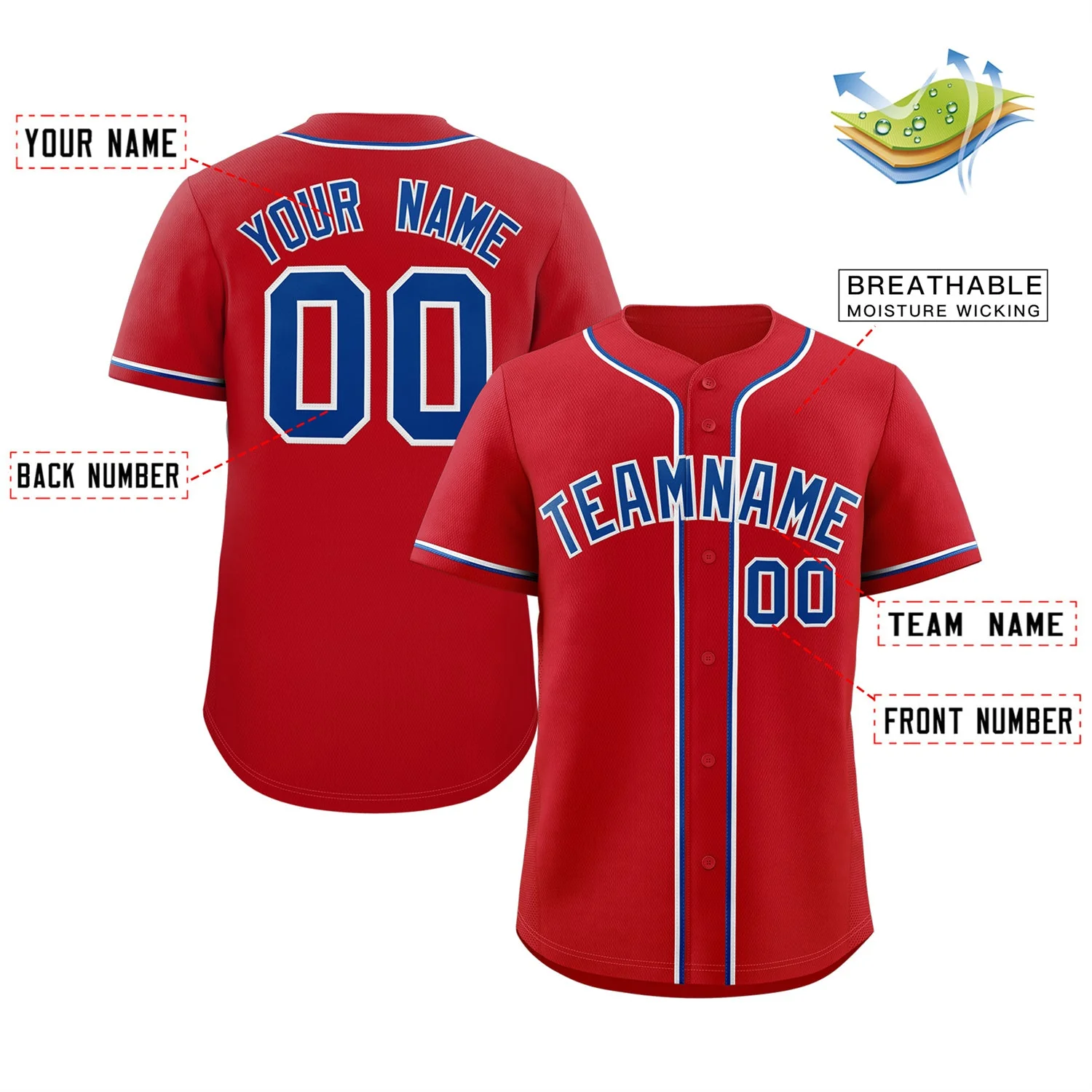 Custom Red Royal-White Classic Style Authentic Baseball Jersey - Image 2