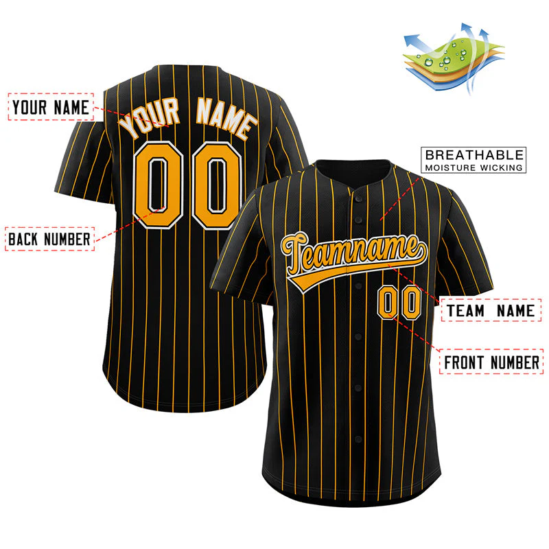 Custom Black Yellow-White Stripe Fashion Authentic Baseball Jersey - Image 2