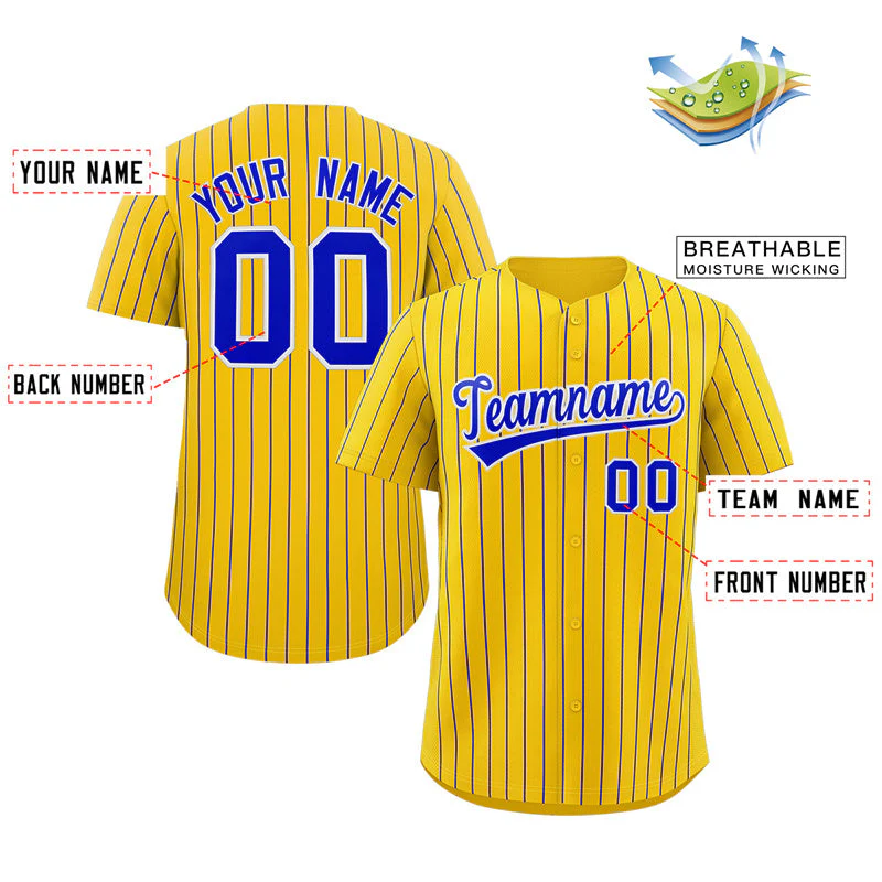 Custom Yellow Royal-White Stripe Fashion Authentic Baseball Jersey - Image 2