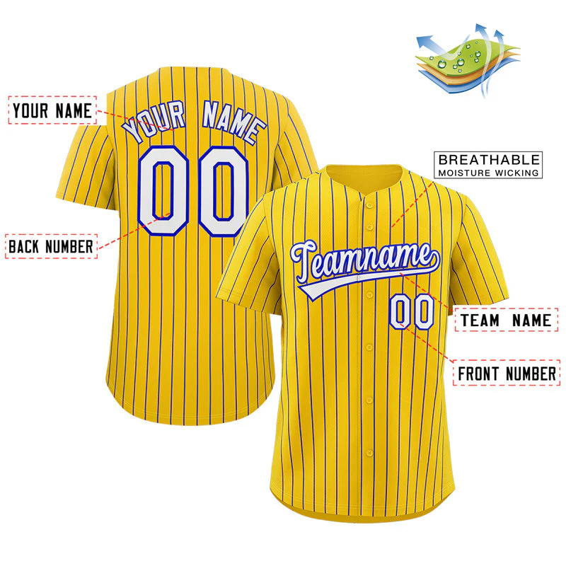 Custom Yellow White-Royal Stripe Fashion Authentic Baseball Jersey - Image 2