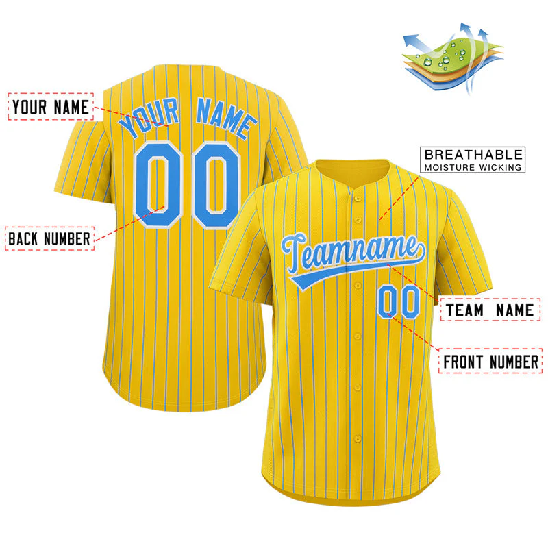 Custom Yellow Powder Blue-White Stripe Fashion Authentic Baseball Jersey - Image 2