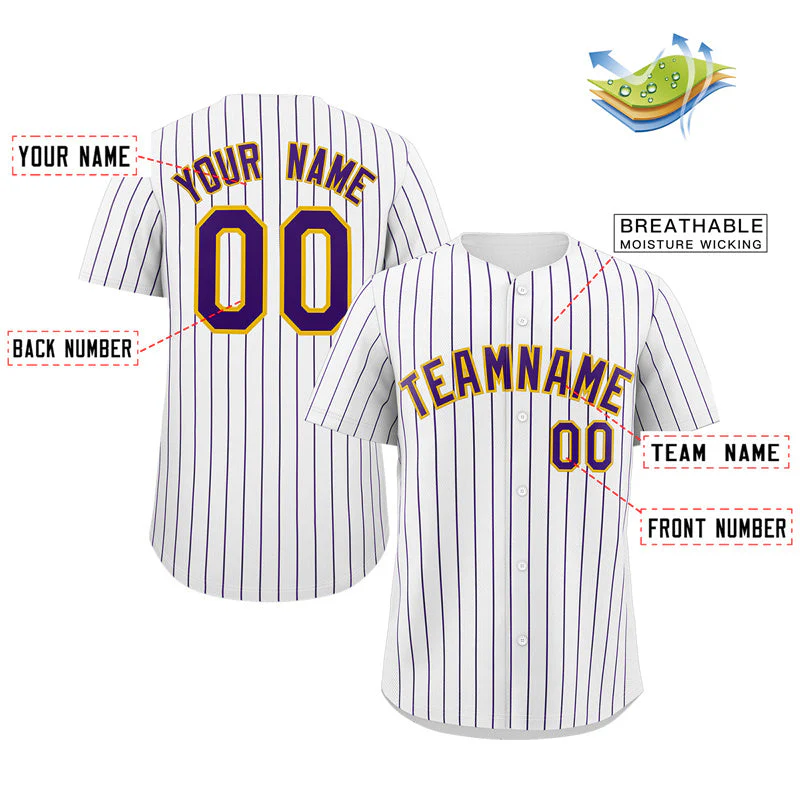Custom White Purple-Yellow Stripe Fashion Authentic Baseball Jersey - Image 2