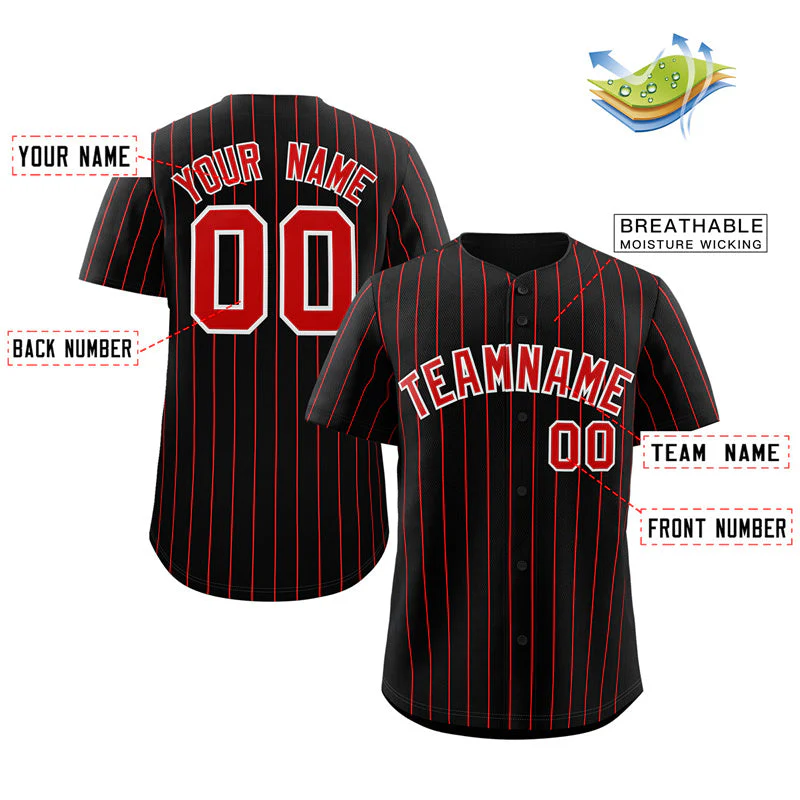 Custom Black Red-White Stripe Fashion Authentic Baseball Jersey - Image 2
