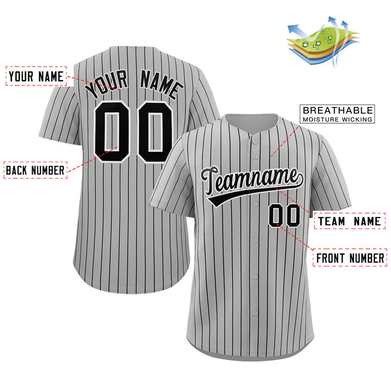 Custom Gray Black-White Stripe Fashion Authentic Baseball Jersey - Image 2
