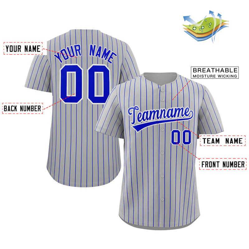 Custom Gray Royal-White Stripe Fashion Authentic Baseball Jersey - Image 2