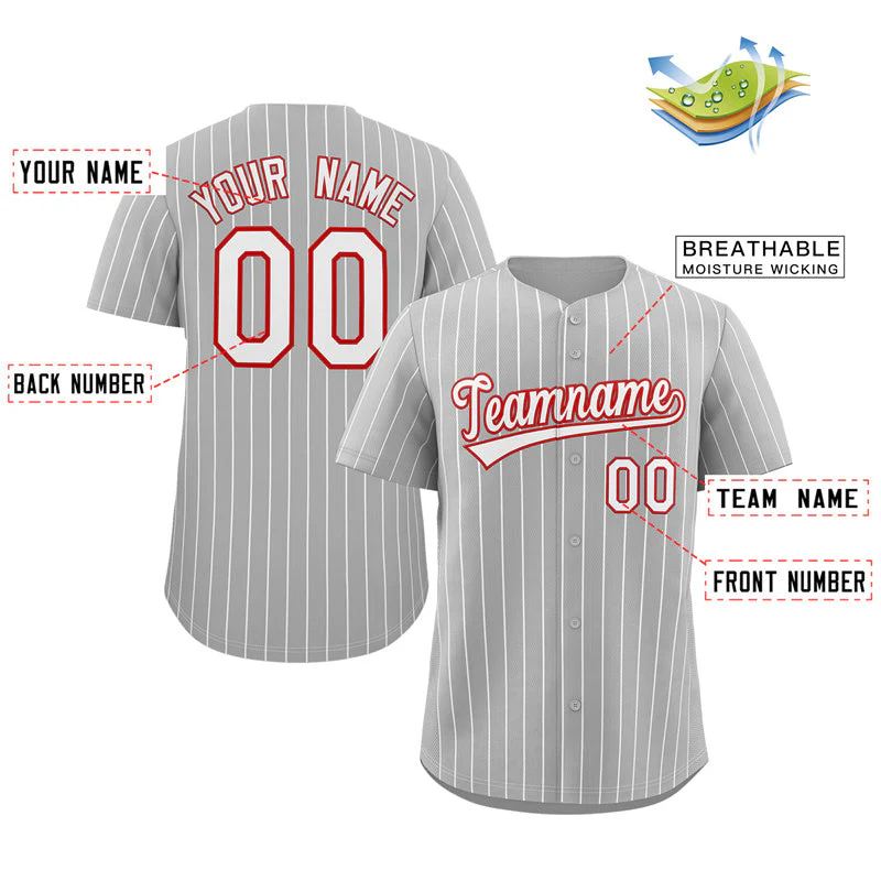 Custom Gray White-Red Stripe Fashion Authentic Baseball Jersey - Image 2