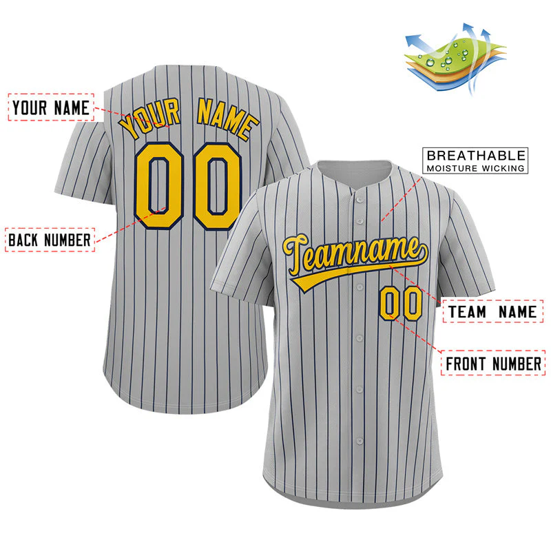 Custom Gray Gold-Navy Stripe Fashion Authentic Baseball Jersey - Image 2