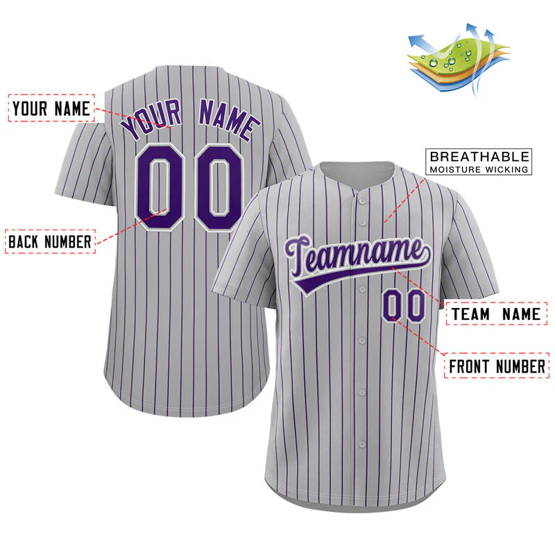 Custom Gray Purple-White Stripe Fashion Authentic Baseball Jersey - Image 2