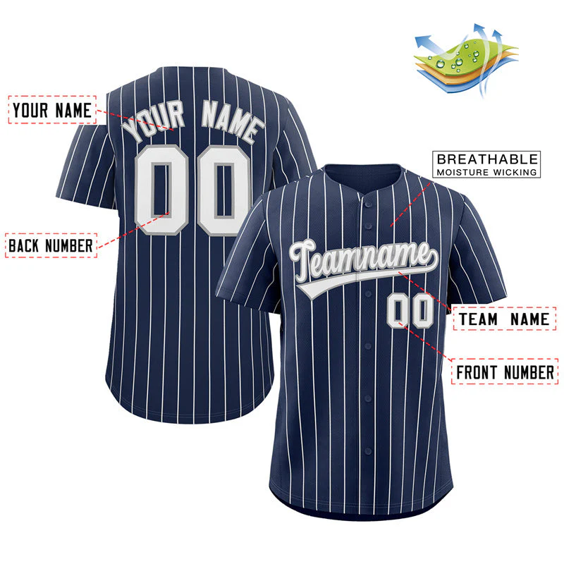 Custom Navy White-Gray Stripe Fashion Authentic Baseball Jersey - Image 3