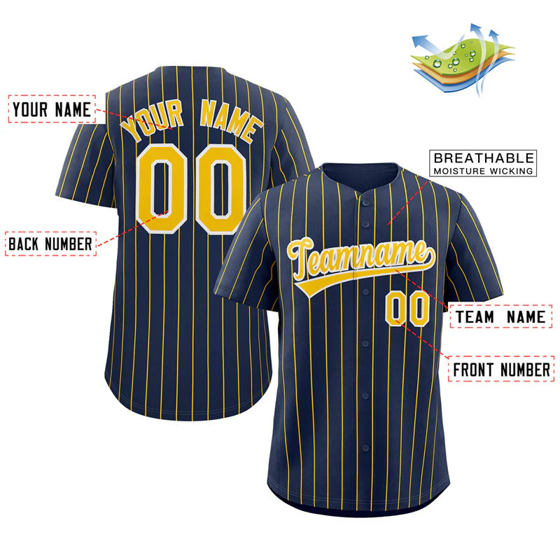 Custom Navy Gold-White Stripe Fashion Authentic Baseball Jersey - Image 2