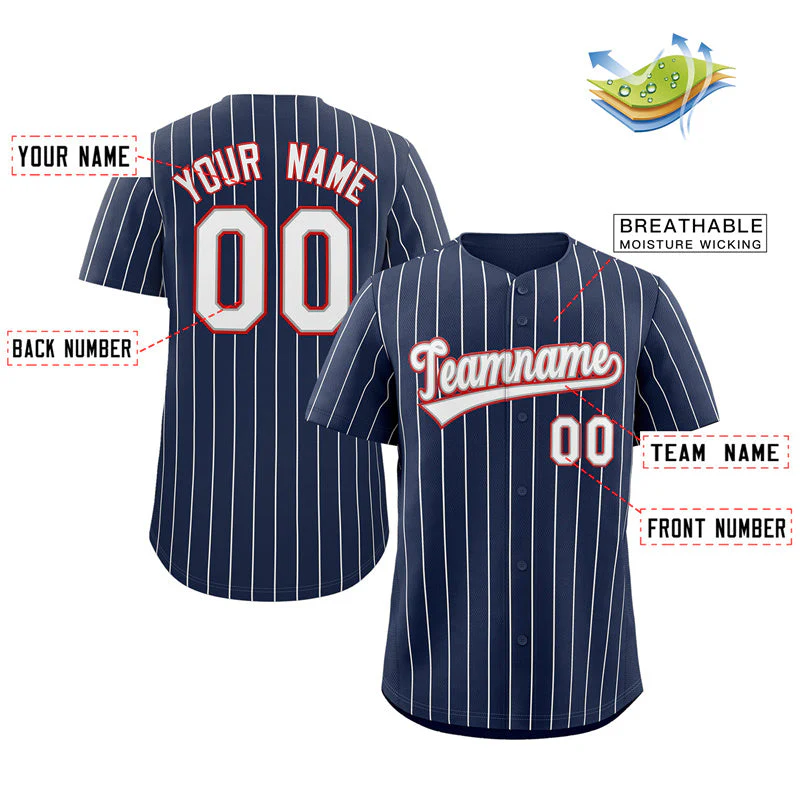 Custom Navy White-Red Stripe Fashion Authentic Baseball Jersey - Image 2