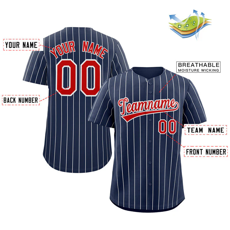 Custom Navy Red-White Stripe Fashion Authentic Baseball Jersey - Image 2