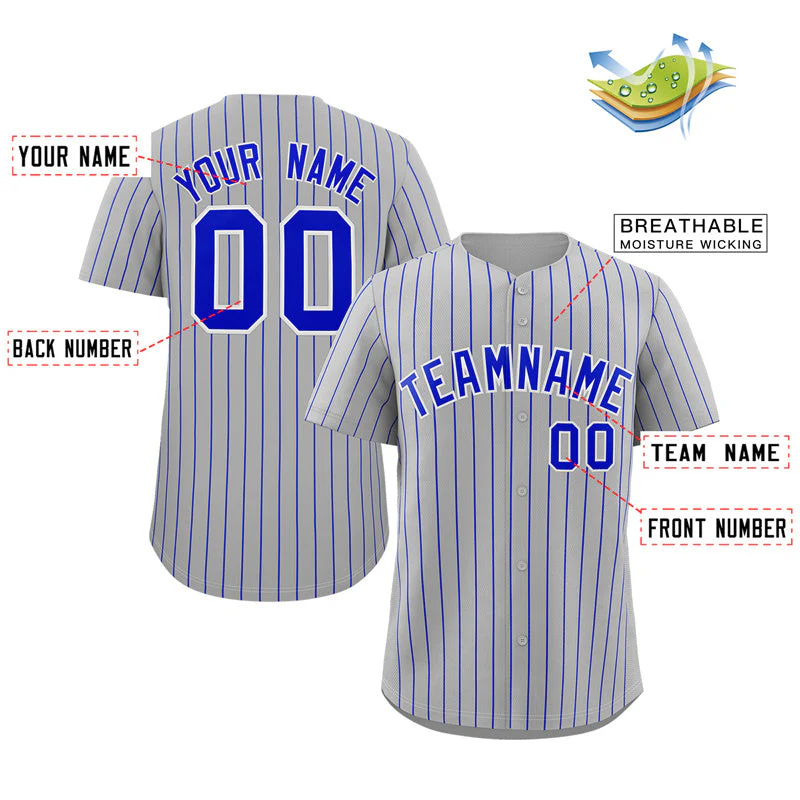 Custom Gray Royal-White Stripe Fashion Authentic Baseball Jersey - Image 2