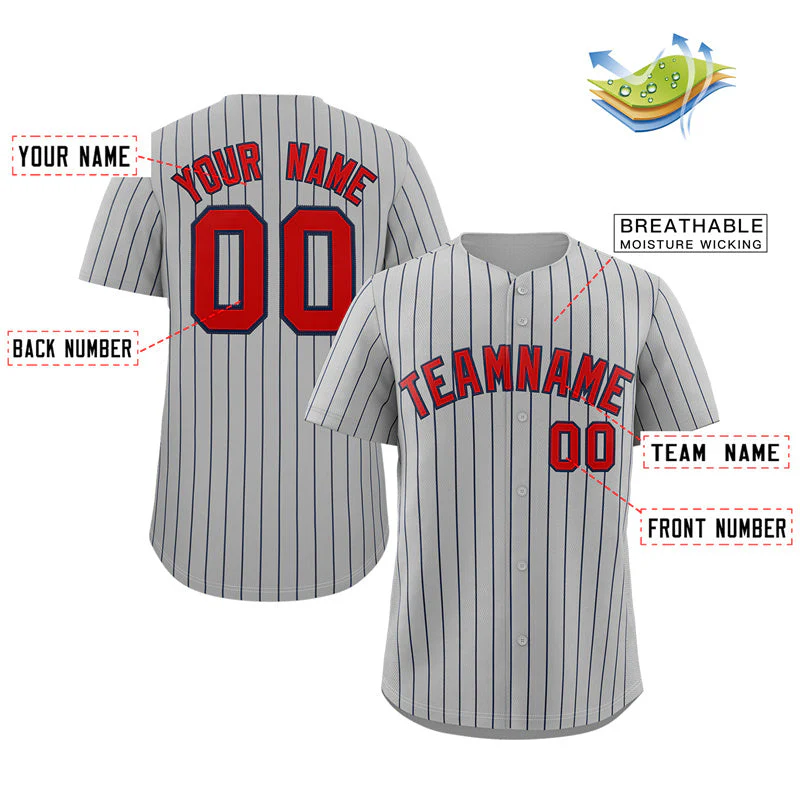 Custom Gray Red-Navy Stripe Fashion Authentic Baseball Jersey - Image 2