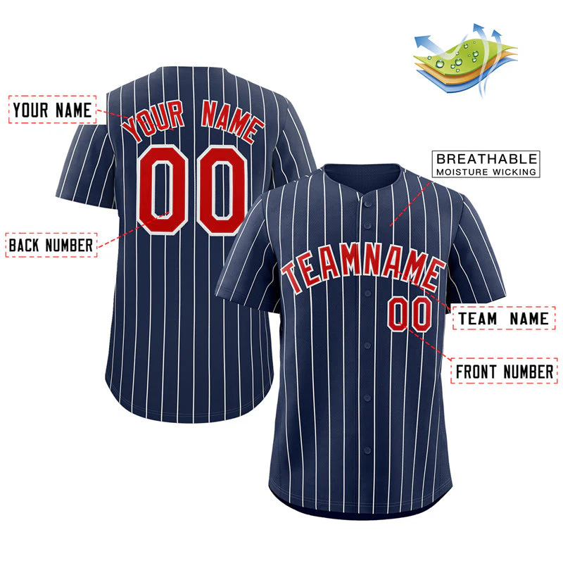 Custom Navy Red-White Stripe Fashion Authentic Baseball Jersey - Image 2