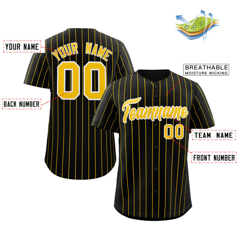 Custom Black Gold-White Stripe Fashion Authentic Baseball Jersey - Image 2