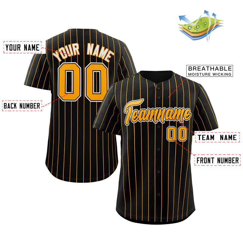 Custom Black Gold-White Stripe Fashion Authentic Baseball Jersey - Image 2