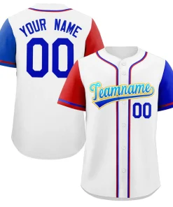 Custom White Royal-Yellow Raglan Sleeves Authentic Baseball Jersey
