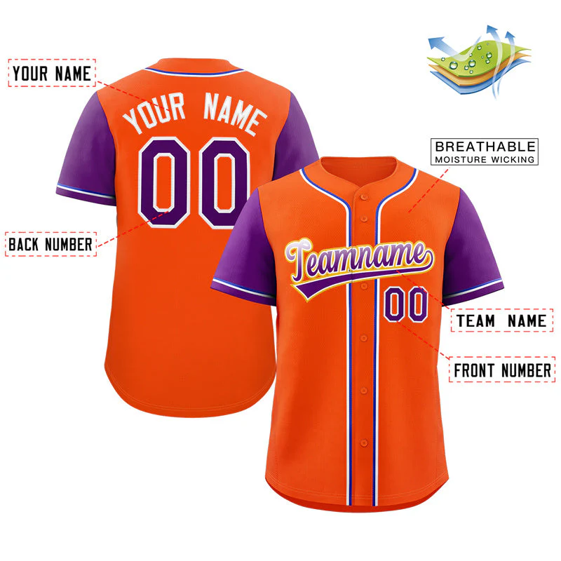 Custom Orange Purple-Yellow Raglan Sleeves Authentic Baseball Jersey - Image 2