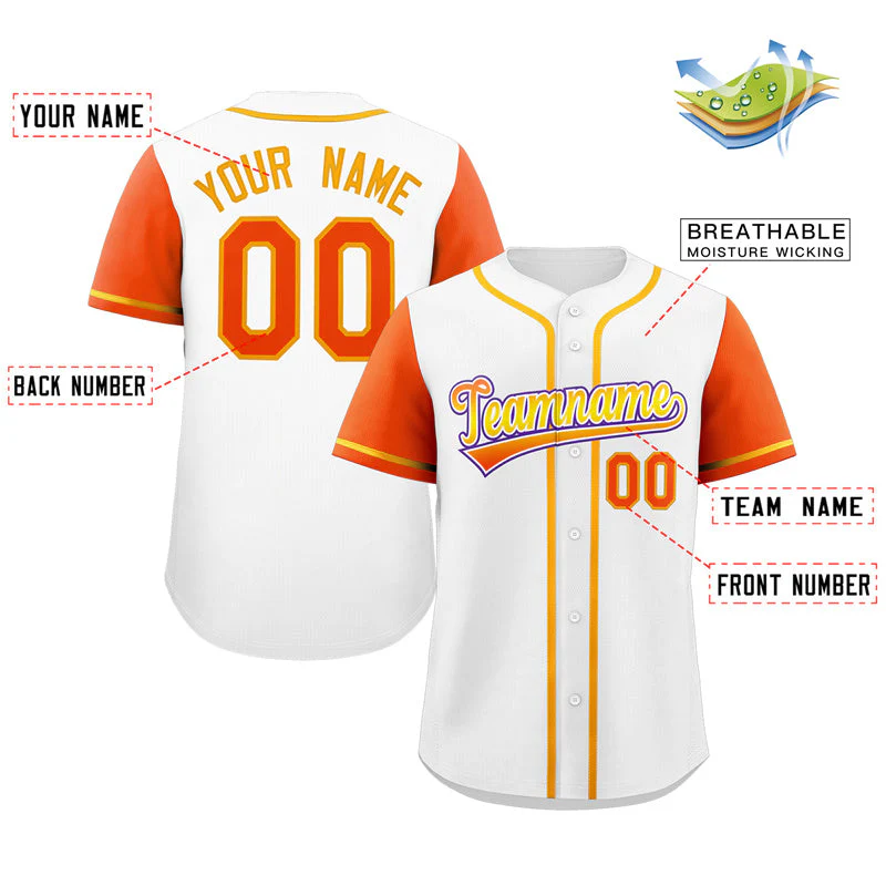 Custom White Orange-Purple Raglan Sleeves Authentic Baseball Jersey - Image 2