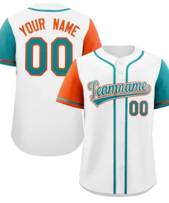 Custom White Aqua-Orange Raglan Sleeves Authentic Baseball Jersey