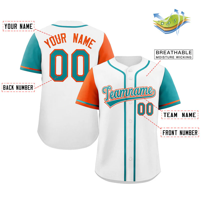 Custom White Aqua-Orange Raglan Sleeves Authentic Baseball Jersey - Image 2